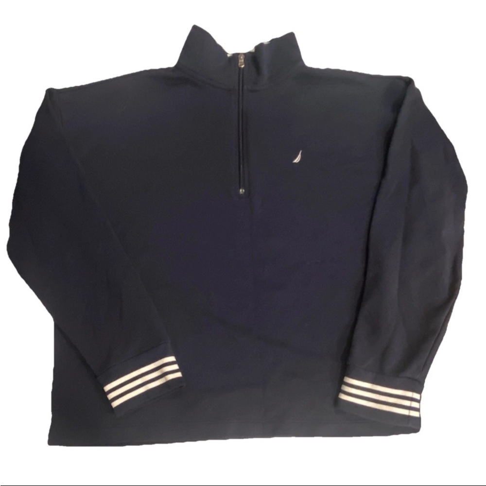 Nautica Men's Navy Knit 1/4 Zip Pullover Sweater XL Mock Neck Striped Cuffs